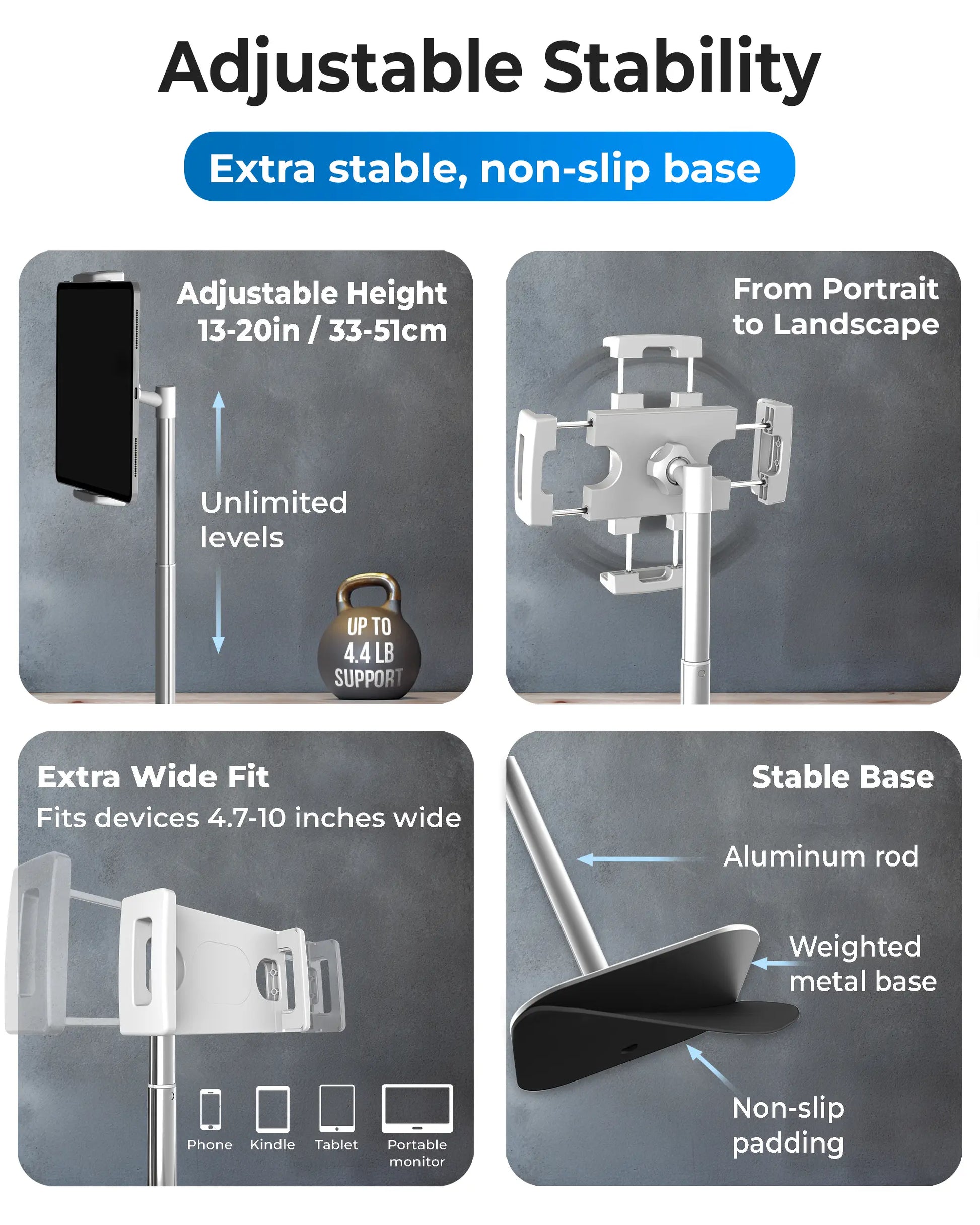 Cooper Tabstand - Adjustable Height Tablet and Portable Monitor Holder, Metal/Aluminum Design, Compatible with Devices Up to 17", 360° Rotation and Tilt, 4.4 lb Weight Capacity, Portable Multi-Device Stand for iPad Pro, Mini, Air, and Smartphones