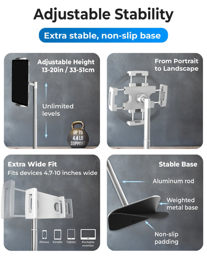 Cooper Tabstand - Adjustable Height Tablet and Portable Monitor Holder, Metal/Aluminum Design, Compatible with Devices Up to 17", 360° Rotation and Tilt, 4.4 lb Weight Capacity, Portable Multi-Device Stand for iPad Pro, Mini, Air, and Smartphones
