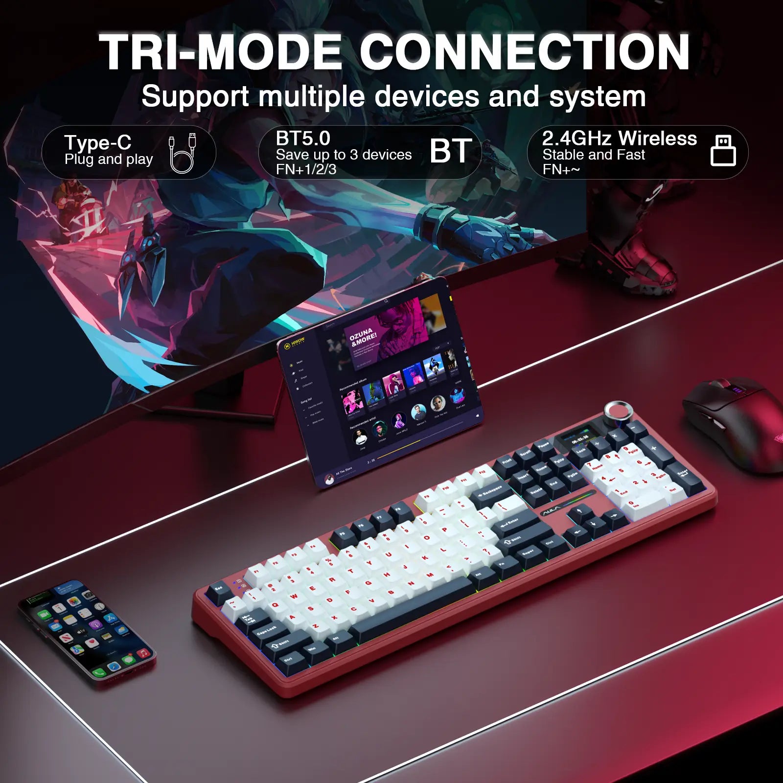 AULA F108 Pro Wireless Mechanical Gaming Keyboard - Full-Size with Smart Screen, Knob, Creamy Typing, Tri-Mode Connectivity, RGB Backlighting, Hot Swappable Switches for Professional and Gaming Use, Red