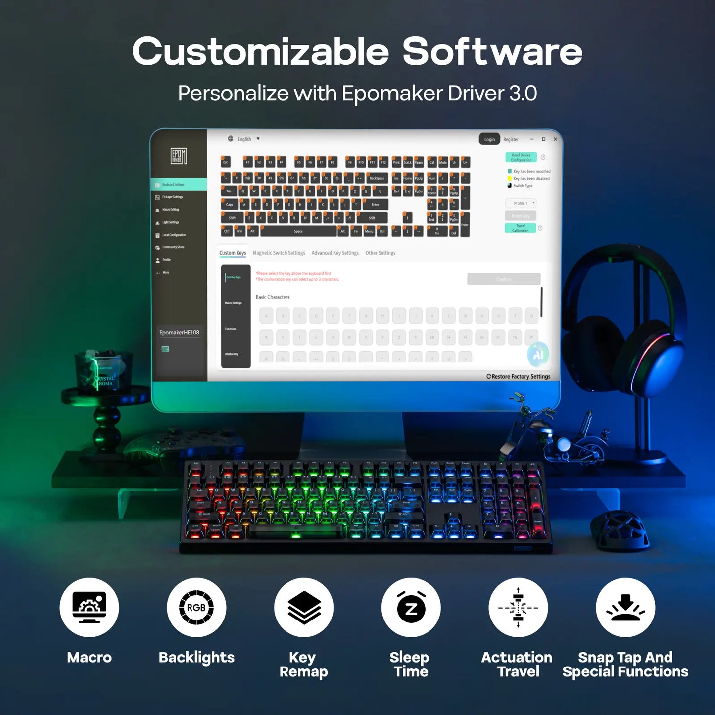 EPOMAKER HE108 Wireless Gaming Keyboard, 8K Polling & 10000Mah, SOCD & DKS, Full-Sized Hall Effect Keyboard with Rapid Triggering, Custom Driver RGB Backlit PBT Keycap Gaming Accessories Keyboards for Gaming Dealsforyoudays