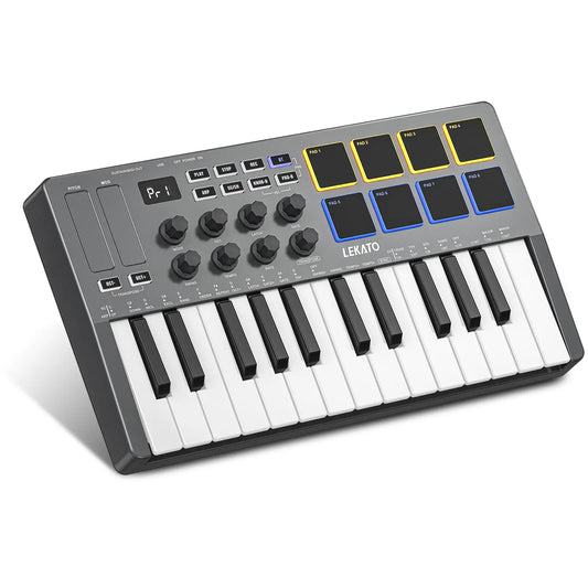 LEKATO SMK-25 Bluetooth 25-Key USB MIDI Keyboard Controller with 8 Backlit Drum Pads, Semi-Weighted Dynamic Keybed, 8 Control Knobs, Music Production Features, Smart Scales and Chords, Software Included - Ideal for Beginners and Music Enthusiasts