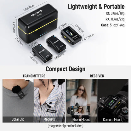 NEEWER CM28 Wireless Lavalier Microphone with Charging Case and OTG Adapter, Compatible with iPhone, Android, PC, and Camera - Ideal for Vlogging and Interviews