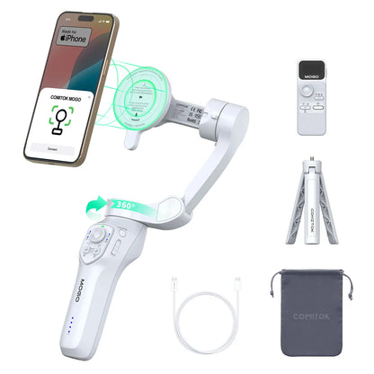 COMITOK Gimbal Stabalizer 3-Axis Handheld Phone Stabilizer for Smartphone with Fill Light, Active Rotating Automatic Face Tracking, Anti-Shake Shooting Desktop Stand for Video Recording, Tripod for Iphone & Android, Selfie Accessories