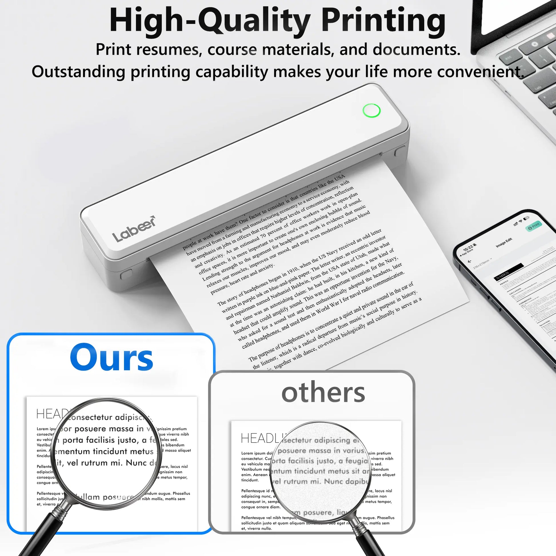 Inkless Portable Bluetooth Thermal Printer – Wireless Printing Solution for Travel, Home & Office, Compatible with iOS, Android, and Laptops, Supports 8.5x11 US Letter & A4 Thermal Paper, No Ink Required, Ideal Gift Option