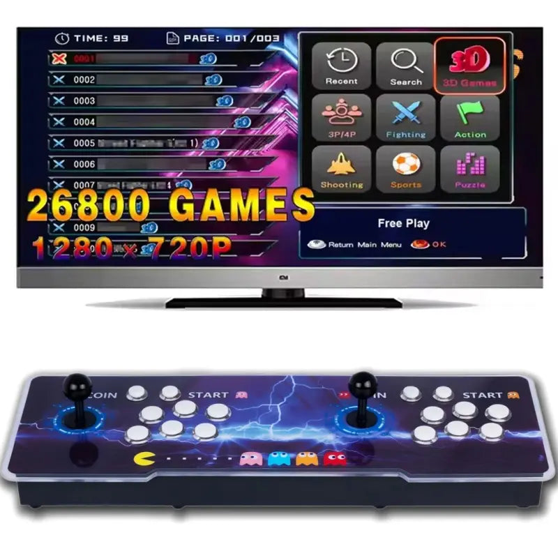 26800 Games in 1 Arcade Game Console - Retro Gaming Machine for PC, Projector & TV, Supports 2-4 Players, 1280x720 Resolution, 3D Game Features, Save/Load/Pause Options, and Favorite List Functionality
