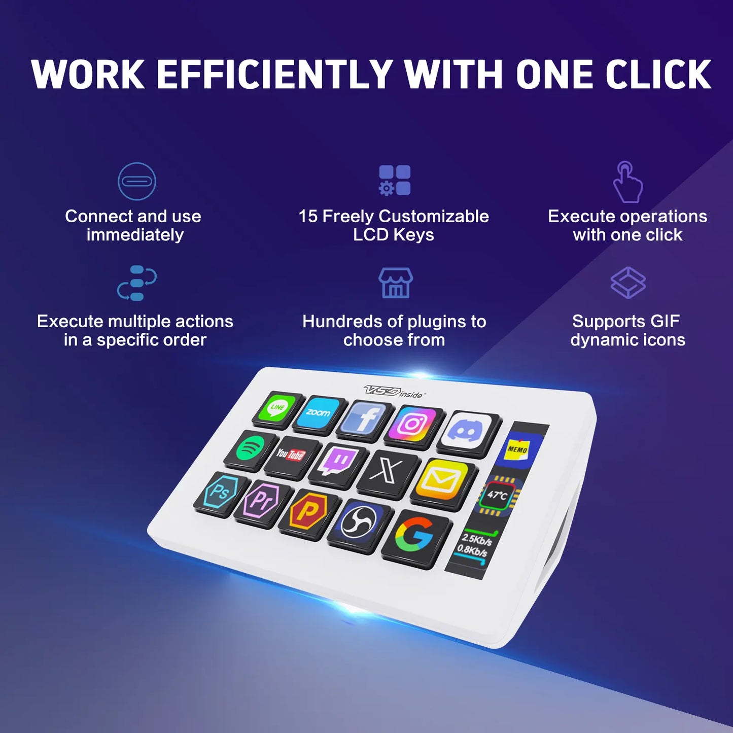 Vsdinside Smart Stream Deck - 15 Customizable LCD Keys with GIF Support, One-Touch Automation, and Extensive Plugin Options for Office, Streaming, and Design Applications