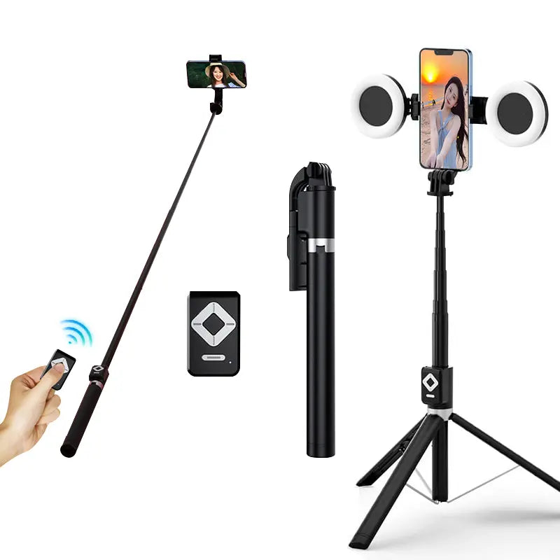 6-in-1 Selfie Stick with Fill Light, 67" Tripod, Wireless Remote Page Turner, Bluetooth Camera Remote, and Music Control for iPhone, iPad, iOS, and Android