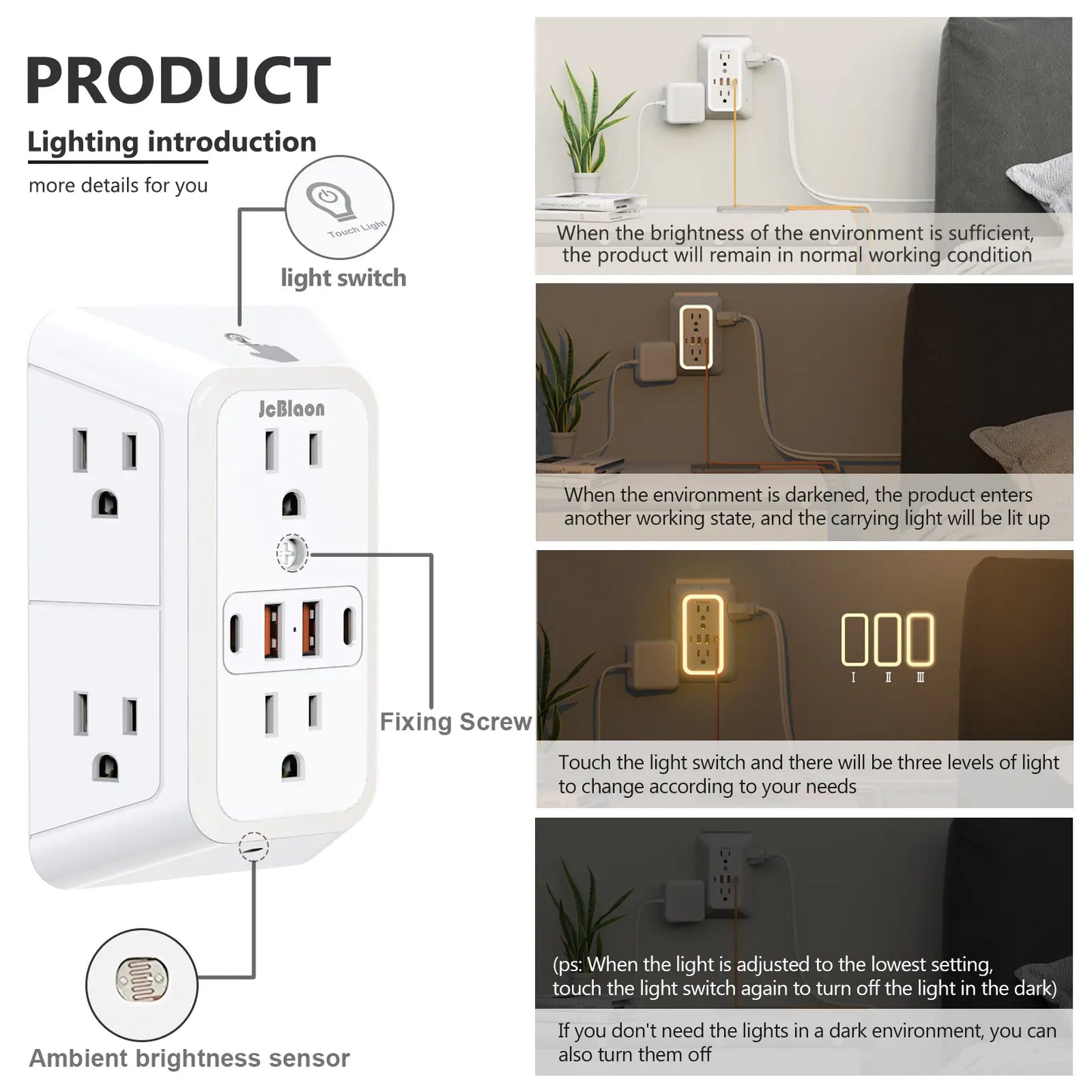 Wall Outlet Extender with Surge Protector, 6-Outlet Plug Strip with 4 USB Charging Ports & Night Light, USB Power Outlet, Power Socket Extender