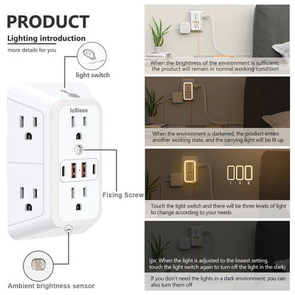 Wall Outlet Extender with Surge Protector, 6-Outlet Plug Strip with 4 USB Charging Ports & Night Light, USB Power Outlet, Power Socket Extender