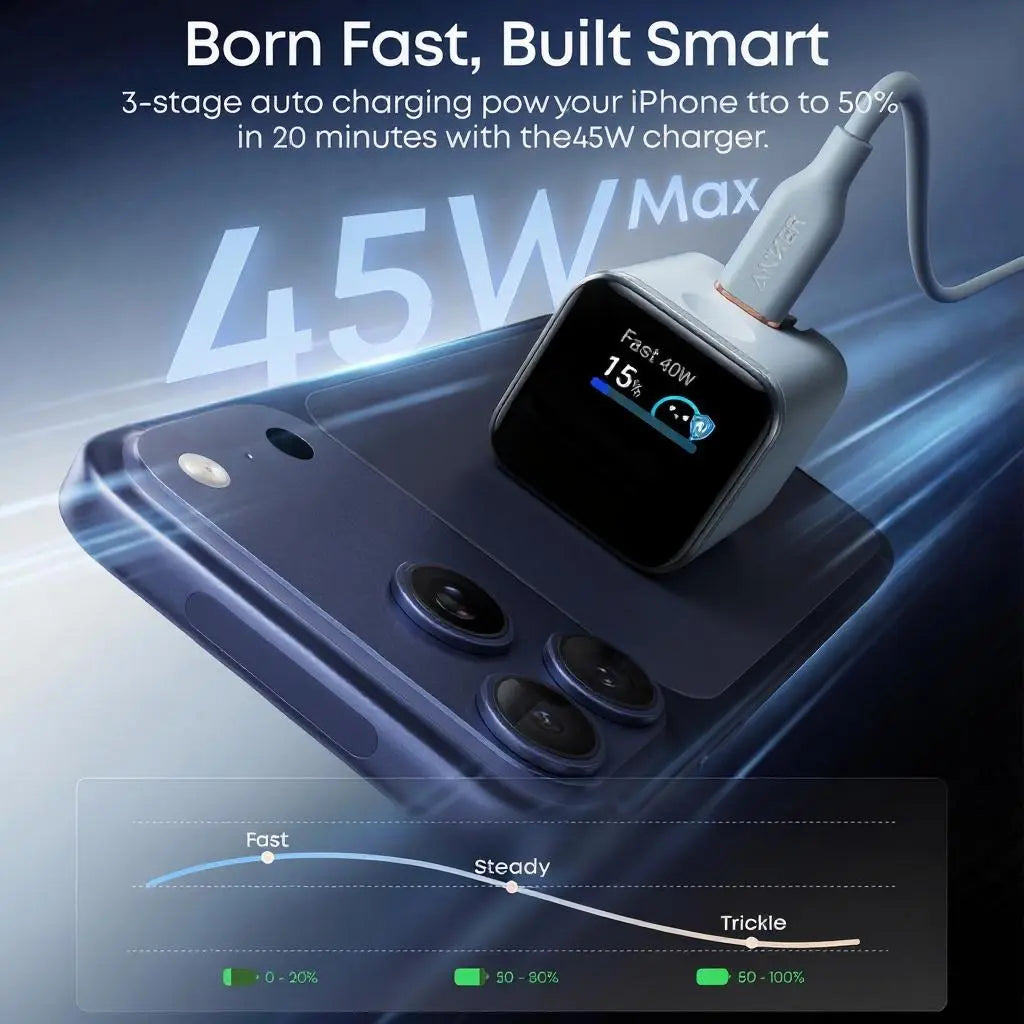 Anker 45W Fast Charging USB-C Charger with LED Display for iPhone 15/16/17 Series and MacBook - Compact and Safe Power Adapter for Apple Devices, Ideal for Father's Day Gifts