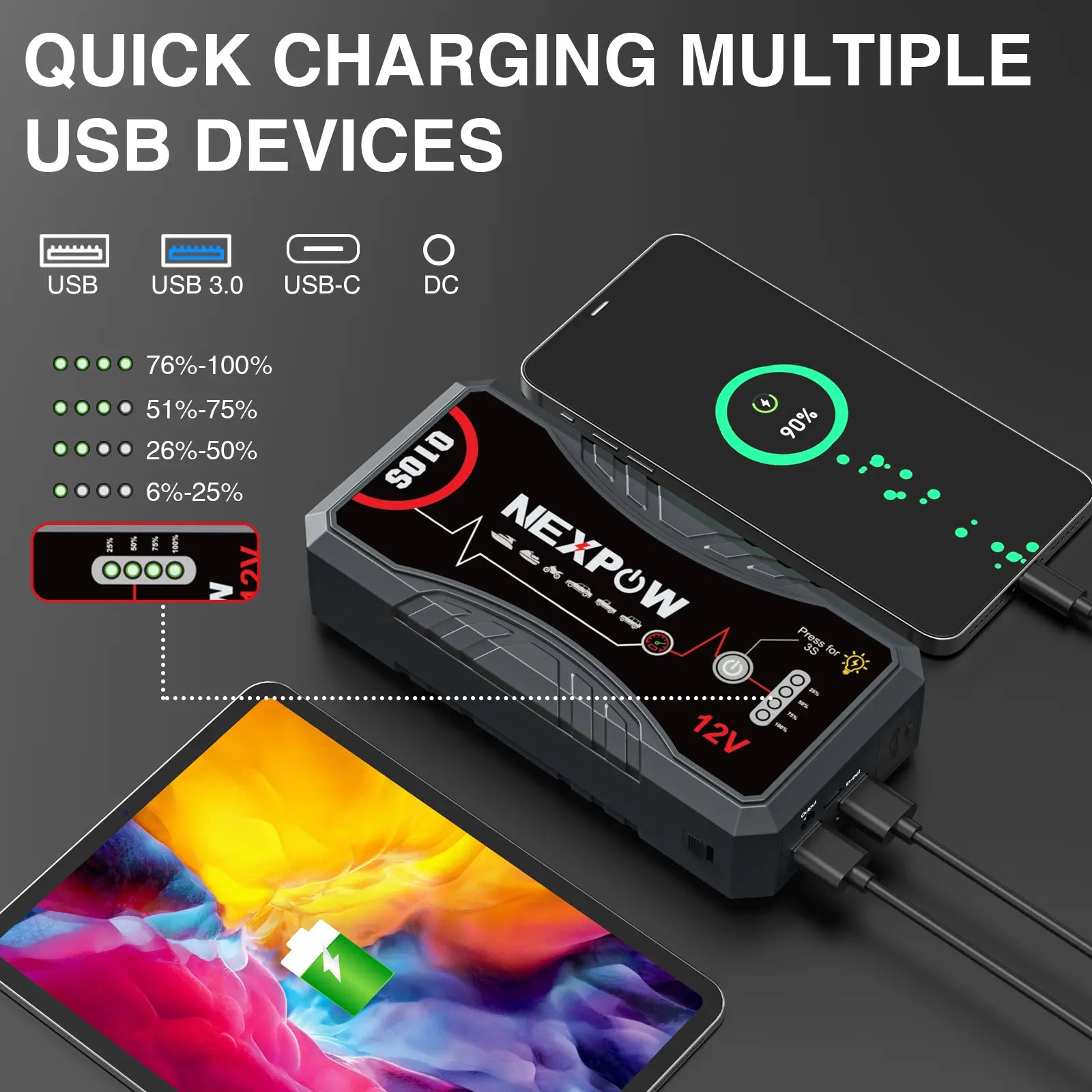 NEXPOW 2026 Enhanced Car Jump Starter - 3000A Peak Performance for 9.0L Gas and 7.0L Diesel Engines - Portable Lithium Battery Pack with USB QC3.0 and Jumper Cables