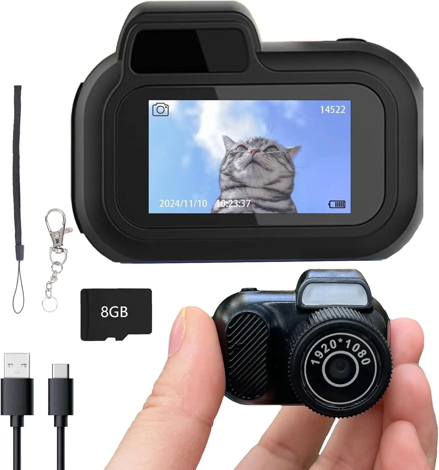 Y3000 Portable Wearable Digital Keychain Camera - Compact Vintage Design, 8GB SD Card, 1080P Video Recording, 6 Built-In Filters, 0.96-Inch HD Camcorder, Charging Capability, Perfect for Travel and Outdoor Activities