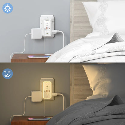 Wall Outlet Extender with Surge Protector, 6-Outlet Plug Strip with 4 USB Charging Ports & Night Light, USB Power Outlet, Power Socket Extender