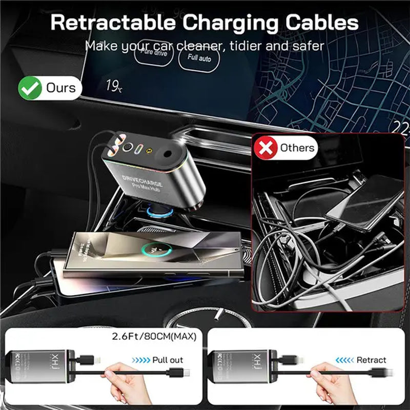 Starlight Roof Retractable Car Charger with Lightning Cable, Dual Charging Ports, and Quick Charge Adapter - 5-in-1 Automotive Solution with Red LED Lights