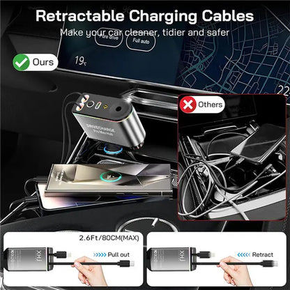 Starlight Roof Retractable Car Charger with Lightning Cable, Dual Charging Ports, and Quick Charge Adapter - 5-in-1 Automotive Solution with Red LED Lights
