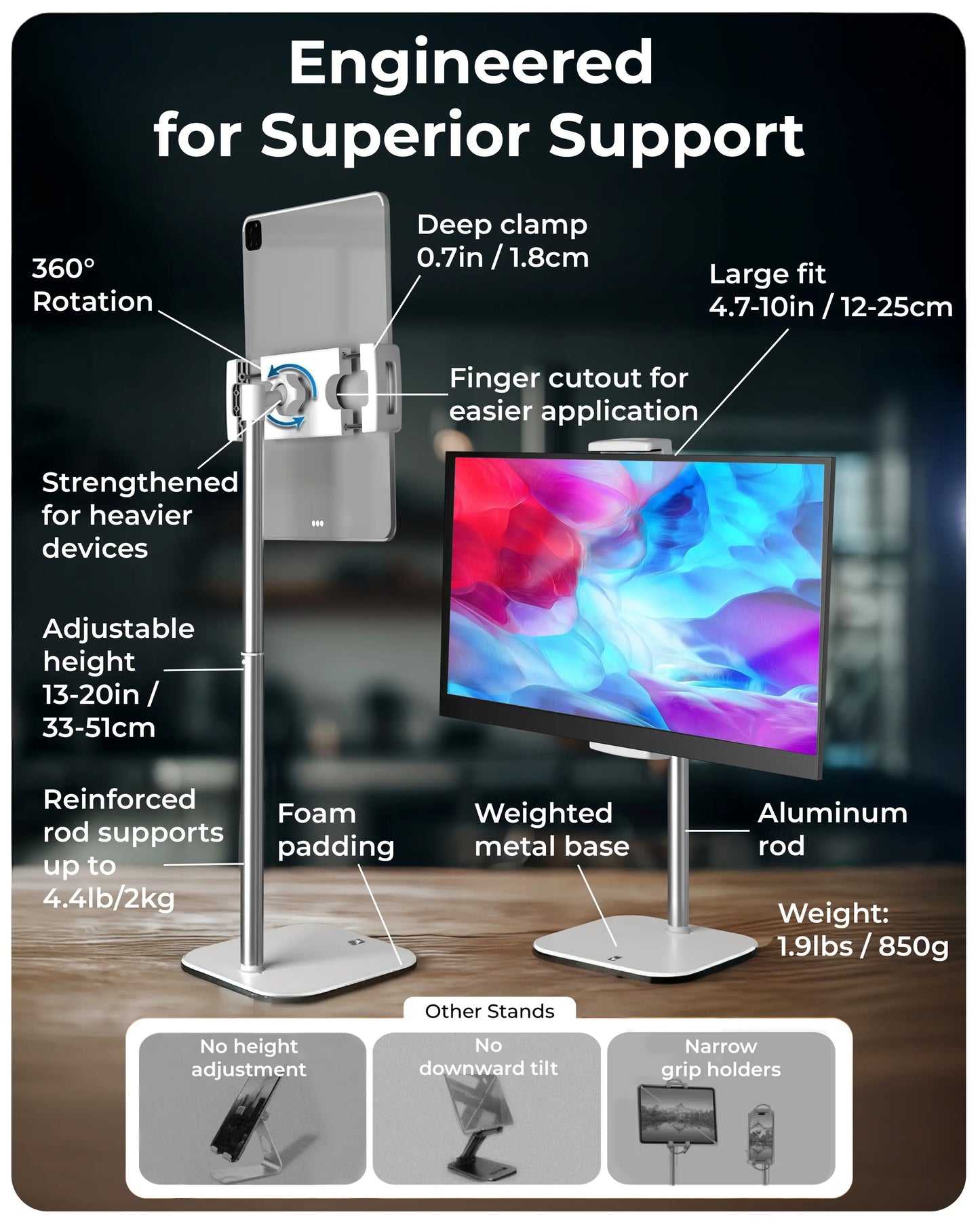 Cooper Tabstand - Adjustable Height Tablet and Portable Monitor Holder, Metal/Aluminum Design, Compatible with Devices Up to 17", 360° Rotation and Tilt, 4.4 lb Weight Capacity, Portable Multi-Device Stand for iPad Pro, Mini, Air, and Smartphones