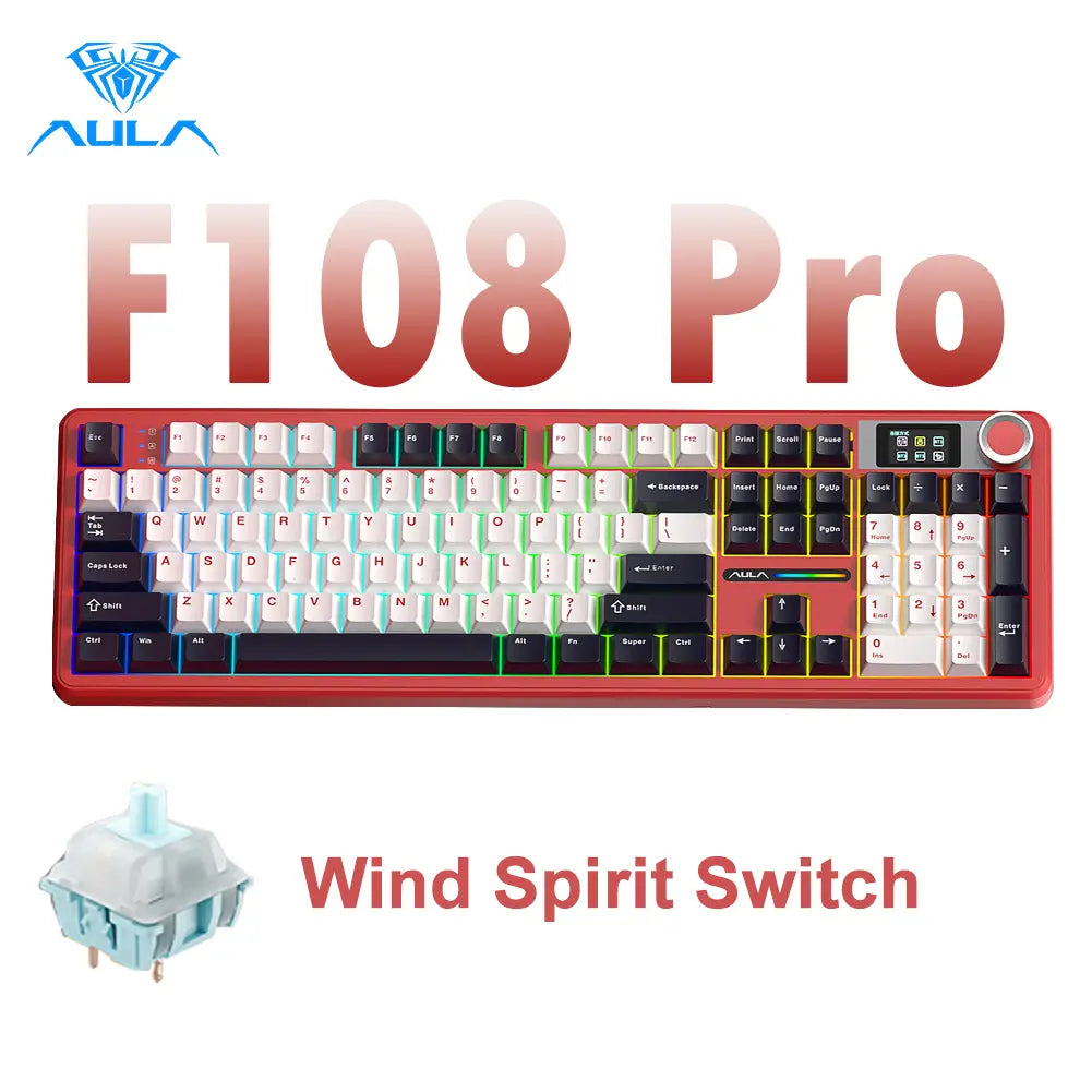 AULA F108 Pro Wireless Mechanical Gaming Keyboard - Full-Size with Smart Screen, Knob, Creamy Typing, Tri-Mode Connectivity, RGB Backlighting, Hot Swappable Switches for Professional and Gaming Use, Red