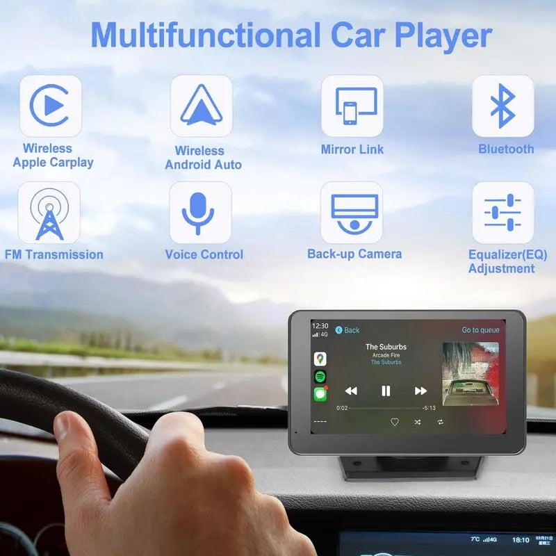 Paslda-2026 Portable Carplay Screen 7-Inch IPS Touchscreen with Landscape & Portrait Modes Wireless Carplay Android Auto Suction Mount Mirror Link HD Touch Easy Install Rear View Camera Compatible with Most Cars