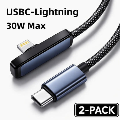PD30W Right Angle Lightning Cable - Fast Charging Braided Durable Cord for Gaming, Compatible with iPhone 6-14, Safe and Stable Charging, No Blocking Hands While Playing, Available in 3.3 Feet and 6.6 Feet Lengths