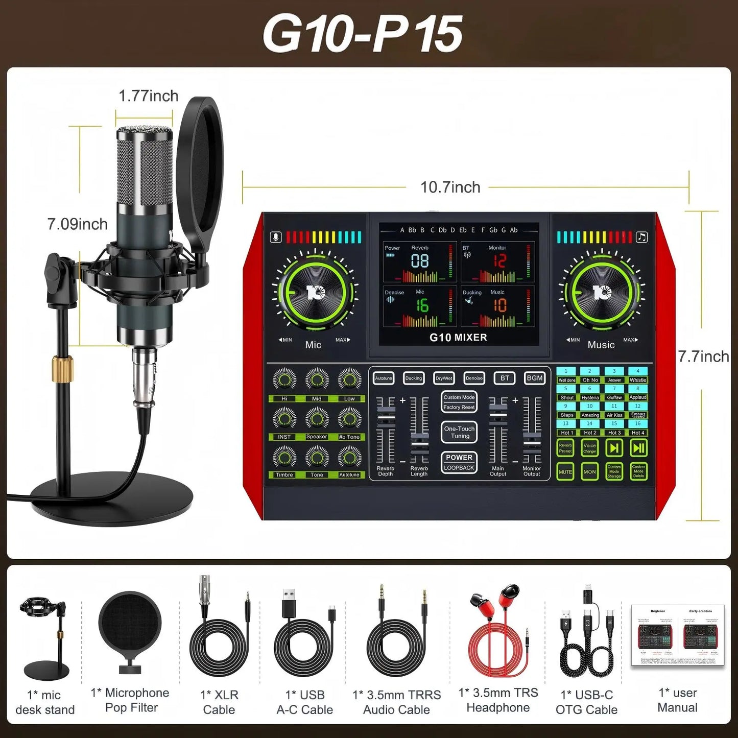 Tenlamp G10-P15 Professional Sound Card Kit with Condenser Microphone, Audio Mixer Featuring Voice Changer and Noise Reduction for Streaming, Podcasting, and Gaming