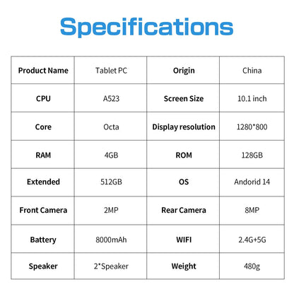 10.1-Inch Android 14 Tablet with HD Display, 128GB Storage, Dual Channel Speakers, Dual Cameras, and Dual Band WiFi for Enhanced Entertainment and Productivity