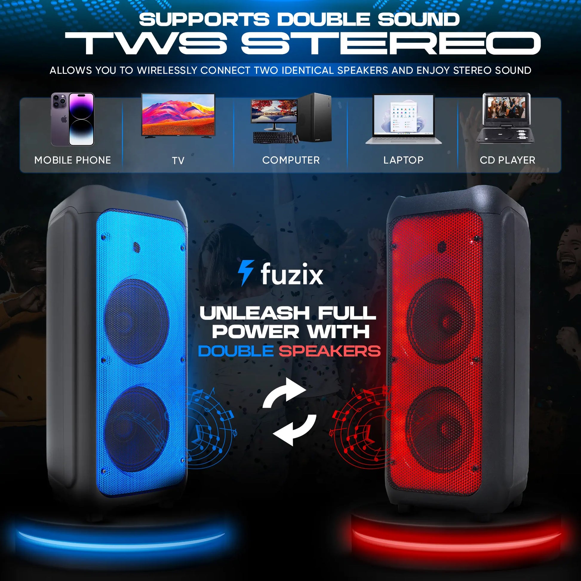 Fuzix Nova Portable Rechargeable Bluetooth Karaoke Speaker with Dual Wireless Microphones, Dynamic LED Lighting, FM Radio, USB and Micro SD Support, and Remote Control