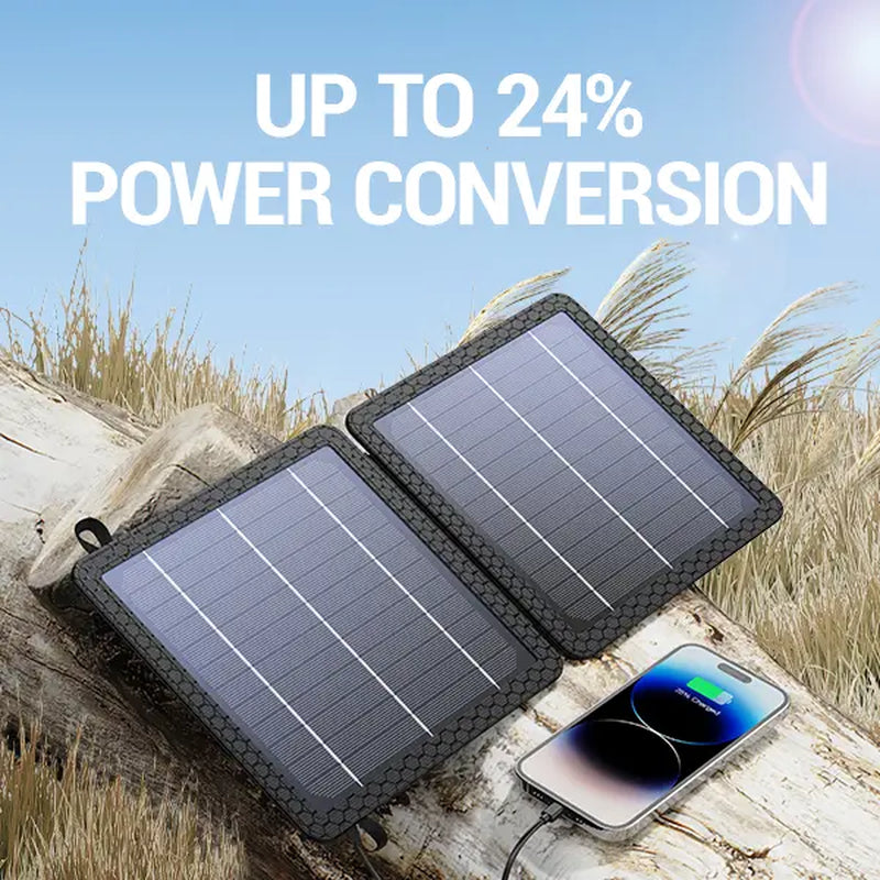 10W Solar Charger, IP65 Waterproof, Foldable with Dual USB Outputs (5V/2A Max) for Iphone, Ipad, Samsung, and More. Ideal for Outdoor Use.