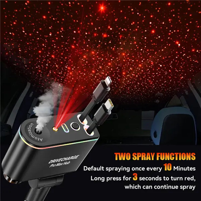 Starlight Roof Retractable Car Charger with Lightning Cable, Dual Charging Ports, and Quick Charge Adapter - 5-in-1 Automotive Solution with Red LED Lights