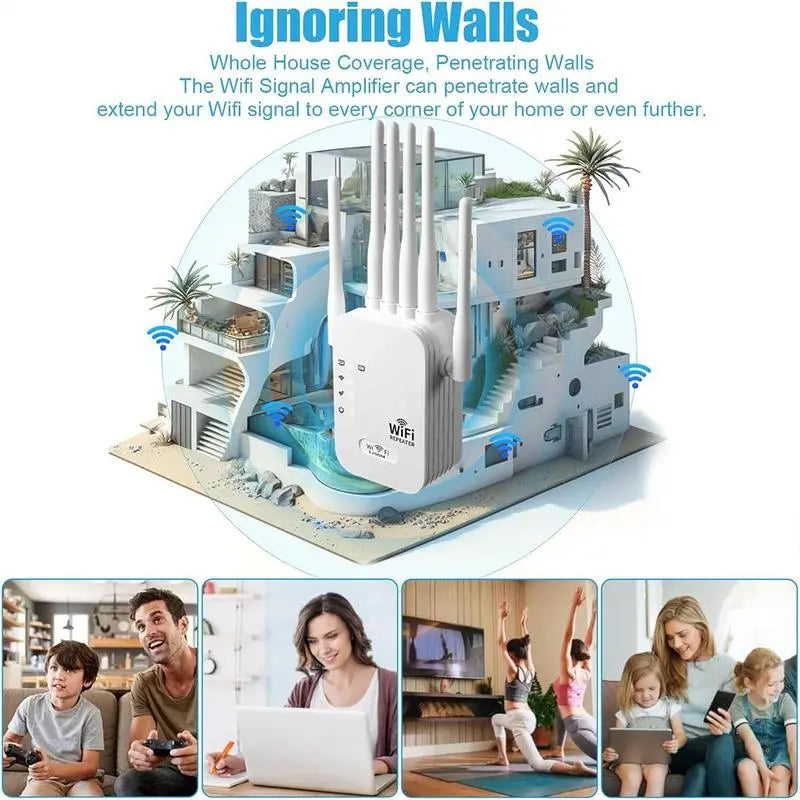 Dual Band 1200Mbps WiFi Extender with 6 High-Gain Antennas, Coverage up to 2000 Sq. Ft for 30 Devices, Ethernet Port Included, Perfect for Home Offices and Studios