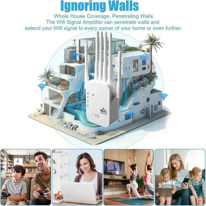 Dual Band 1200Mbps WiFi Extender with 6 High-Gain Antennas, Coverage up to 2000 Sq. Ft for 30 Devices, Ethernet Port Included, Perfect for Home Offices and Studios