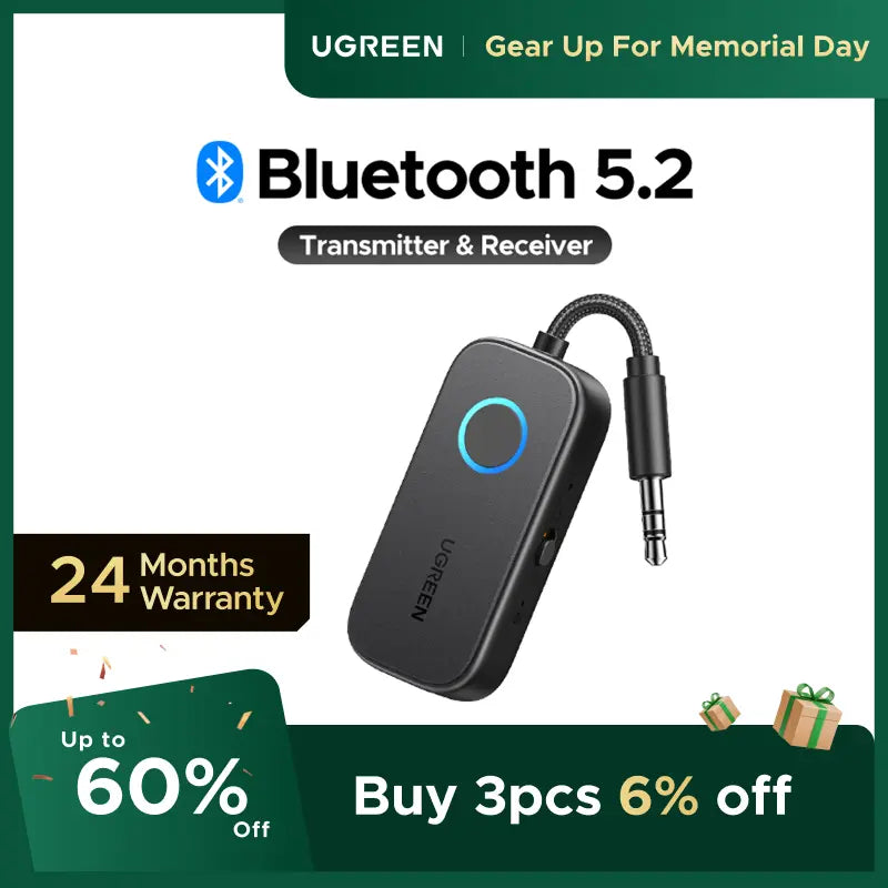 UGREEN Bluetooth 5.2 3.5mm Audio Transmitter/Receiver Adapter for AirPods and Headphones - Ideal for Flight, TV, Car Stereo, and MP3 Headset Microphones