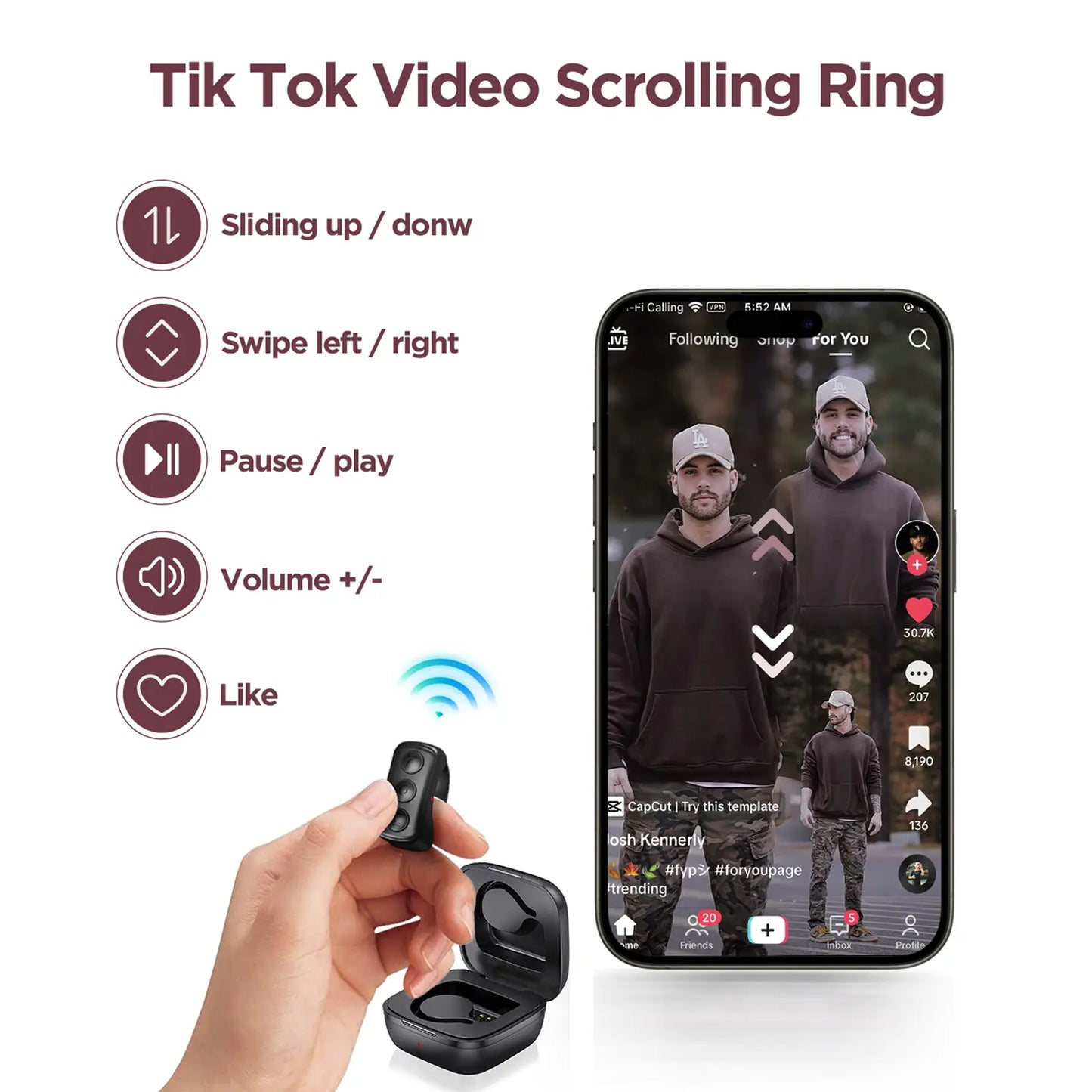 Starzoo Bluetooth Remote Control for TikTok and Video Recording, Page Turner for iPad and iPhone, Compatible with iOS and Android Devices