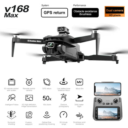2026 New!!!!! V168 Pro Max Drone, Equipped with Front 4K HD Camera, Brushless Motor, GPS Return, Gesture Control, 4.5Inch Screen Remote Control Quadcopter.360°Scrolling, Dual Lens, Foldable Design, Drone GPS.684 Inch Height,