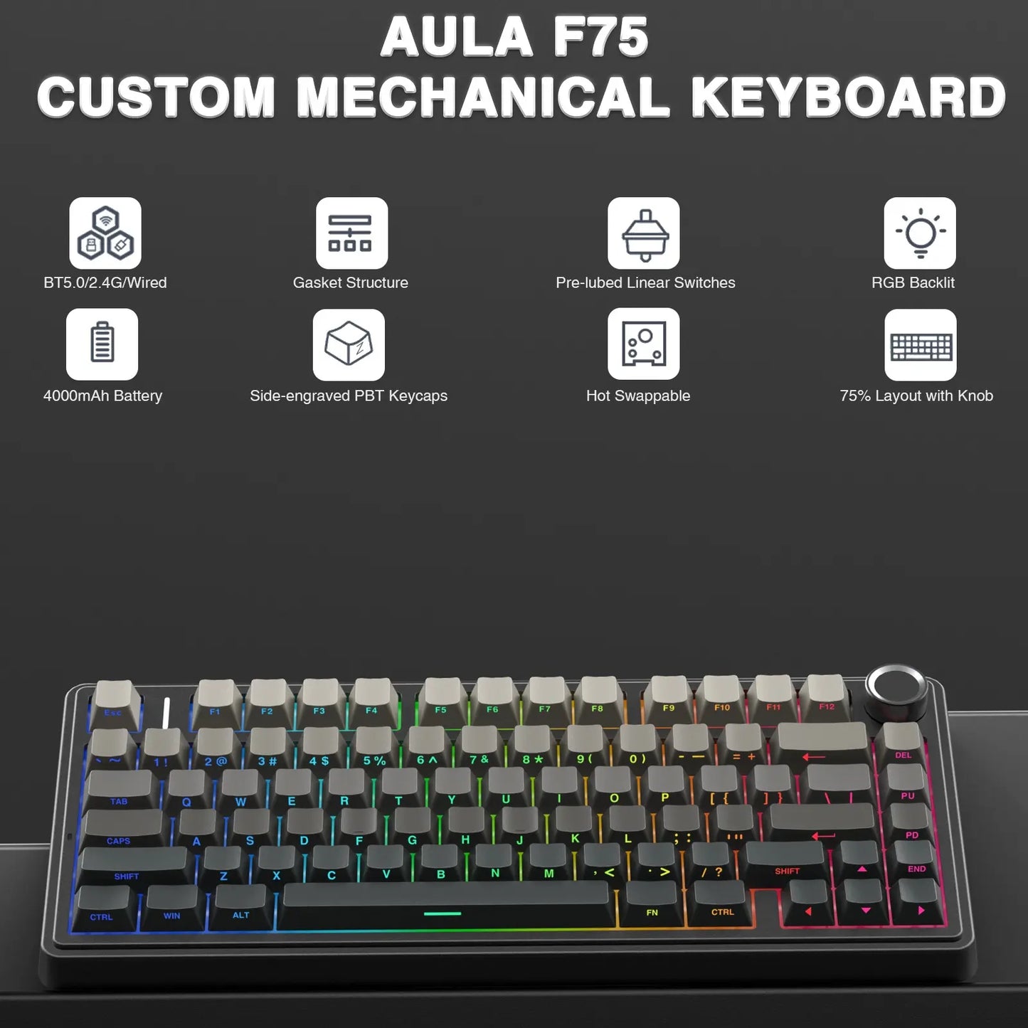 AULA F75 Pro Wireless Mechanical Gaming Keyboard - 75% Hot-Swappable, USB Rechargeable, RGB Backlit, PBT Side-Printed Keycaps, Multimedia Scroll Wheel, Ideal PC Accessories