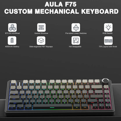 AULA F75 Pro Wireless Mechanical Gaming Keyboard - 75% Hot-Swappable, USB Rechargeable, RGB Backlit, PBT Side-Printed Keycaps, Multimedia Scroll Wheel, Ideal PC Accessories
