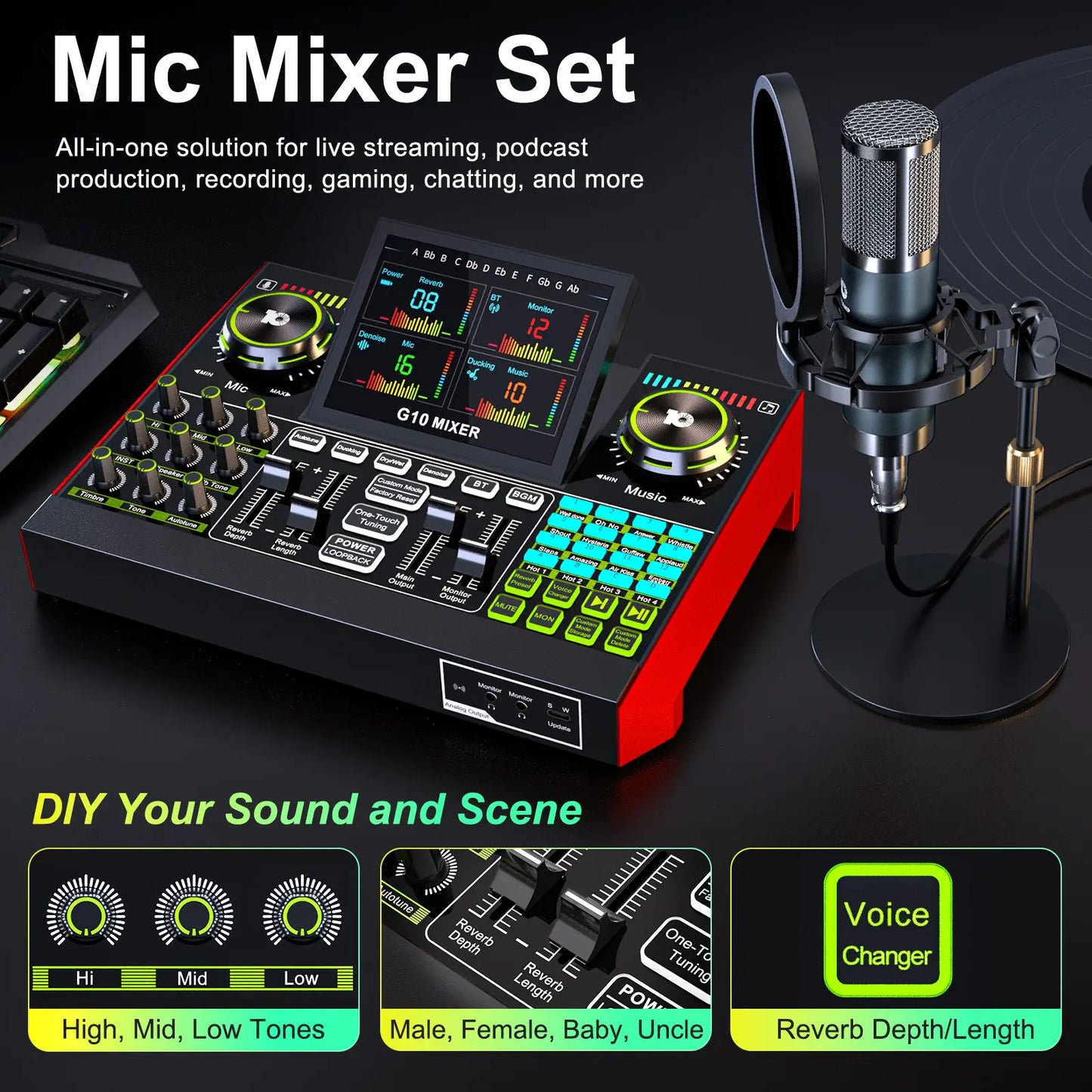 Tenlamp G10-P15 Professional Sound Card Kit with Condenser Microphone, Audio Mixer Featuring Voice Changer and Noise Reduction for Streaming, Podcasting, and Gaming