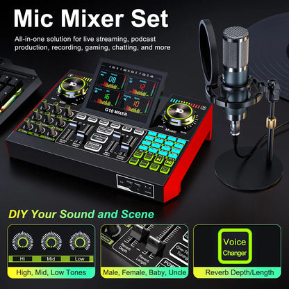 Tenlamp G10-P15 Professional Sound Card Kit with Condenser Microphone, Audio Mixer Featuring Voice Changer and Noise Reduction for Streaming, Podcasting, and Gaming