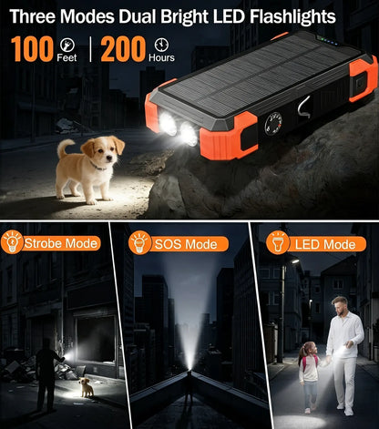 Sudrov 42800 Mah Solar Charger Power Bank Wireless Charger Built in 4 Cables 7 Outputs 15 Watts Fast Charging Power Bank for All Mobile Devices 3 Inputs Solar Portable Charger with Dual Flashlights, Carabiner and Thermometer