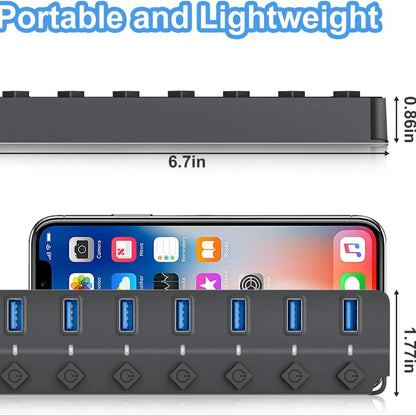 USB 2.0 Hub with 4 or 7 Ports and Individual On/Off Switches, Compact Multi-Port Splitter for Laptops, PCs, and External HDDs with LED Indicators