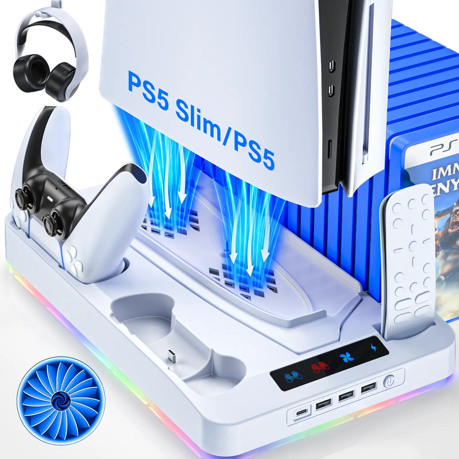2026 Enhanced Cooling Station for PS5/Slim Console with Dual Controller Charger, Dual Turbo Fan, and Three USB Hubs
