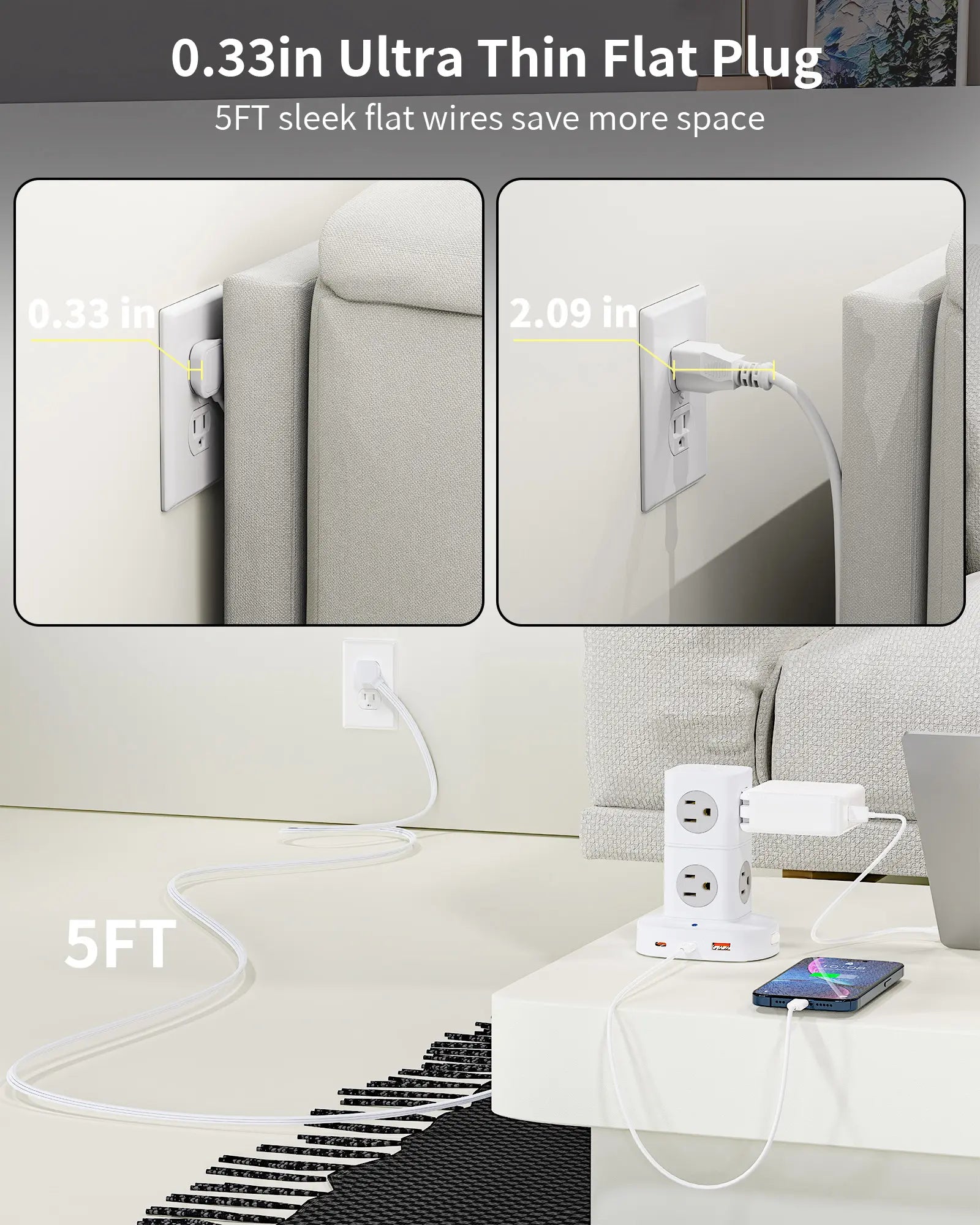 Tower Power Strip with 9 Outlets 3 USB (2 USB C), Surge Protector Tower 1250W/10A, 1700J, 5Ft Removable Multiple Outlets Power Strip Tower, Ideal for Dorms, Home Office, Travel, Hotels Outletplugs