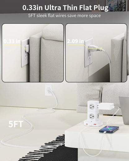 Tower Power Strip with 9 Outlets 3 USB (2 USB C), Surge Protector Tower 1250W/10A, 1700J, 5Ft Removable Multiple Outlets Power Strip Tower, Ideal for Dorms, Home Office, Travel, Hotels Outletplugs