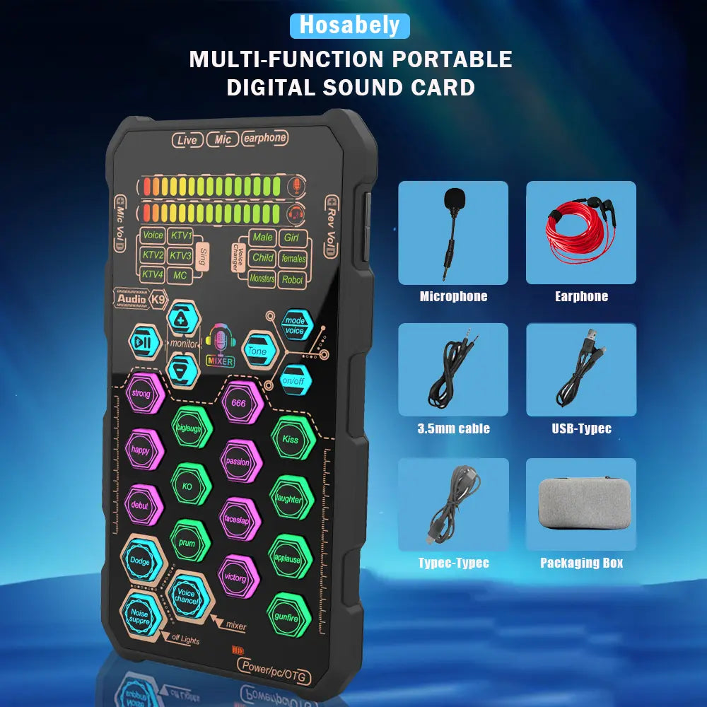 HOSABELY SK9 Wired Compact Handheld Live Sound Card Set – Portable Audio Interface with Microphone Connectivity for PS5, PC, Android, and iPhone Streaming