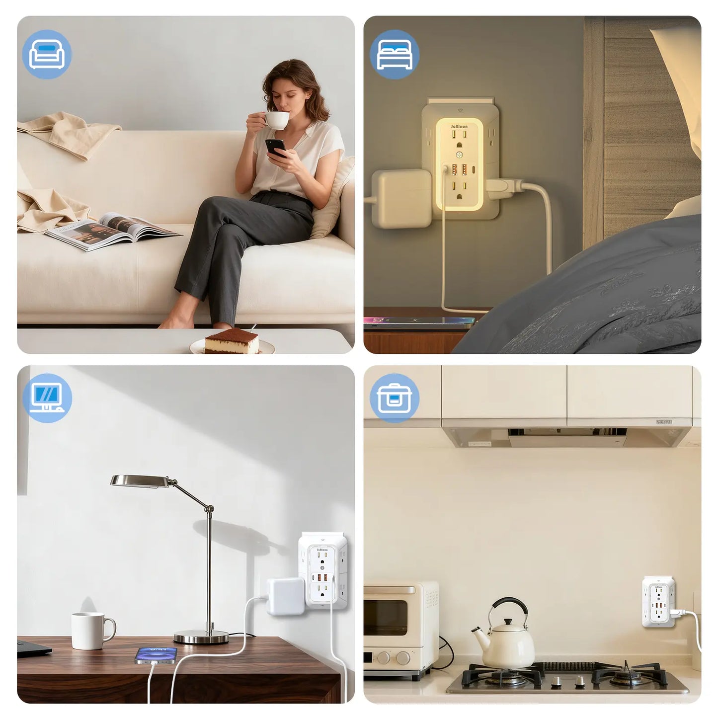 Wall Outlet Extender with Surge Protector, 6-Outlet Plug Strip with 4 USB Charging Ports & Night Light, USB Power Outlet, Power Socket Extender