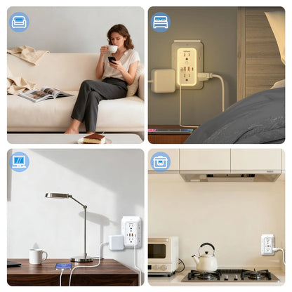 Wall Outlet Extender with Surge Protector, 6-Outlet Plug Strip with 4 USB Charging Ports & Night Light, USB Power Outlet, Power Socket Extender
