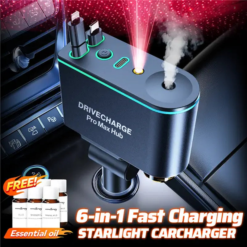 Starlight Roof Retractable Car Charger with Lightning Cable, Dual Charging Ports, and Quick Charge Adapter - 5-in-1 Automotive Solution with Red LED Lights