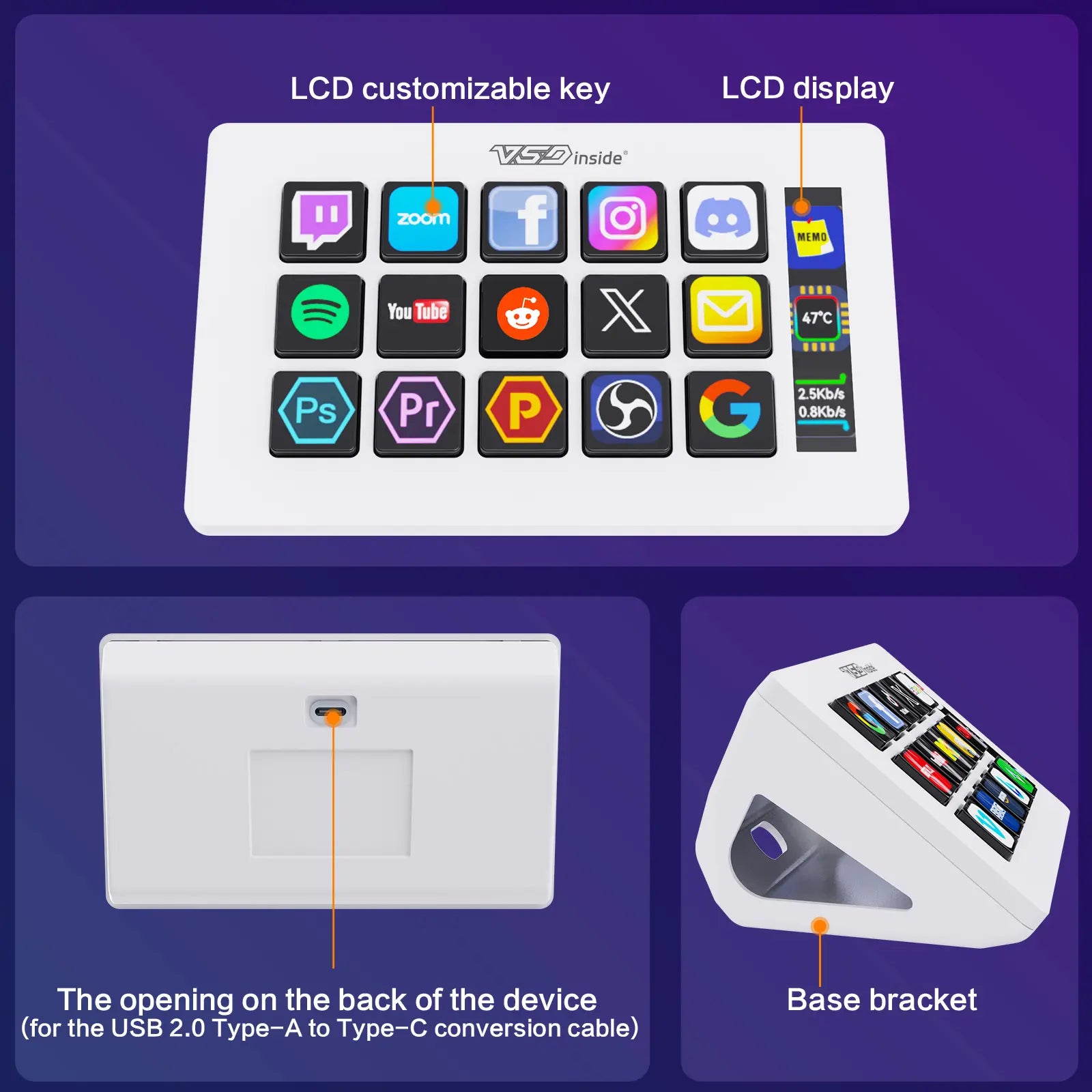 Vsdinside Smart Stream Deck - 15 Customizable LCD Keys with GIF Support, One-Touch Automation, and Extensive Plugin Options for Office, Streaming, and Design Applications
