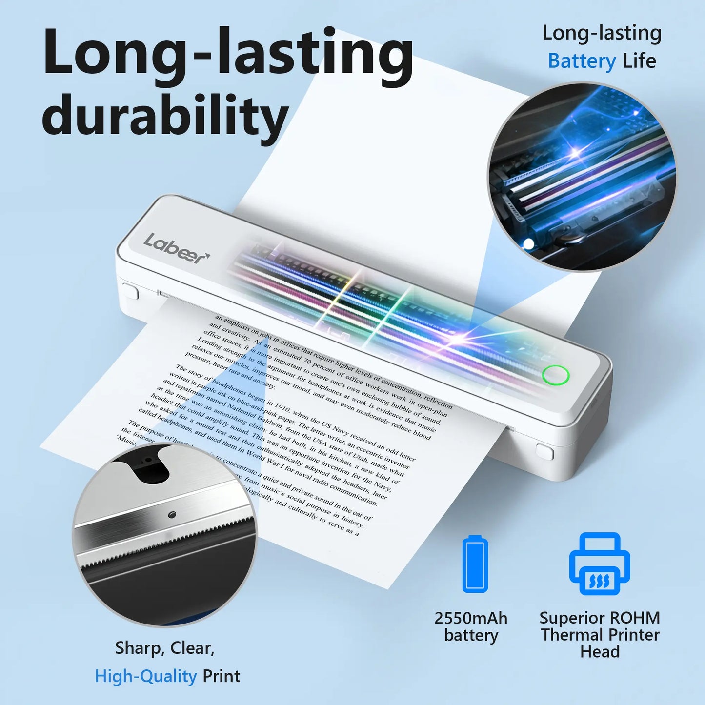Inkless Portable Bluetooth Thermal Printer – Wireless Printing Solution for Travel, Home & Office, Compatible with iOS, Android, and Laptops, Supports 8.5x11 US Letter & A4 Thermal Paper, No Ink Required, Ideal Gift Option