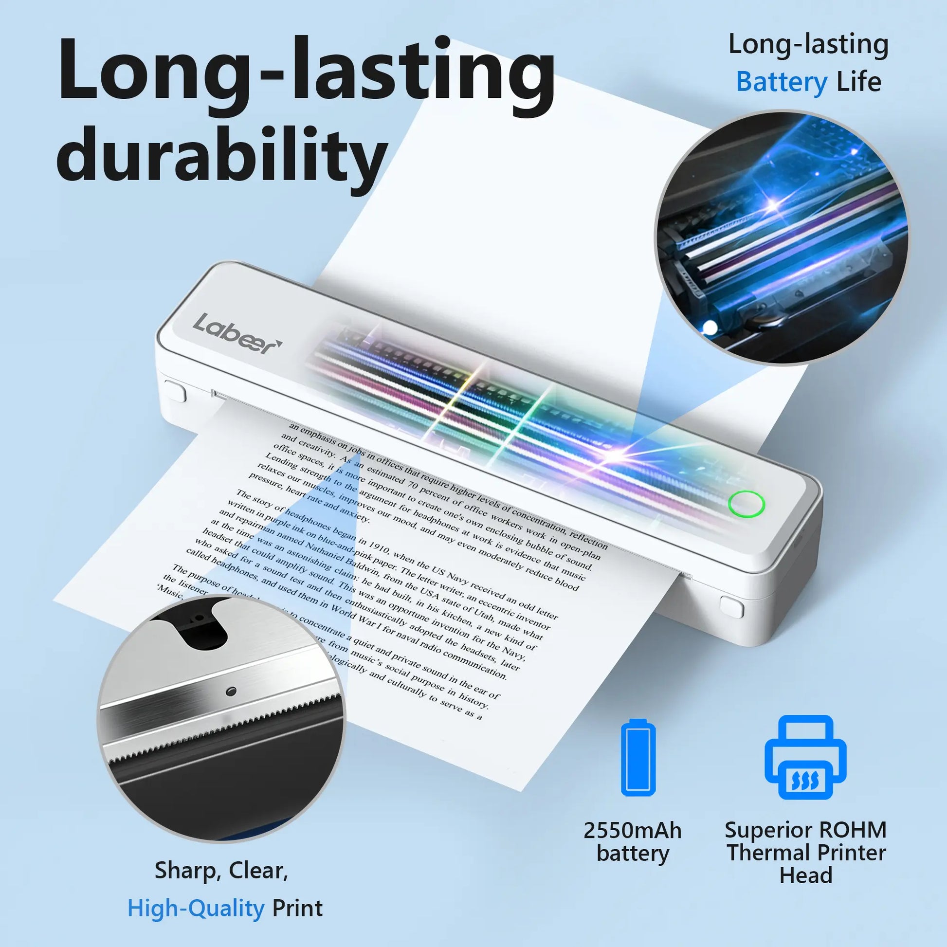 Inkless Portable Bluetooth Thermal Printer – Wireless Printing Solution for Travel, Home & Office, Compatible with iOS, Android, and Laptops, Supports 8.5x11 US Letter & A4 Thermal Paper, No Ink Required, Ideal Gift Option