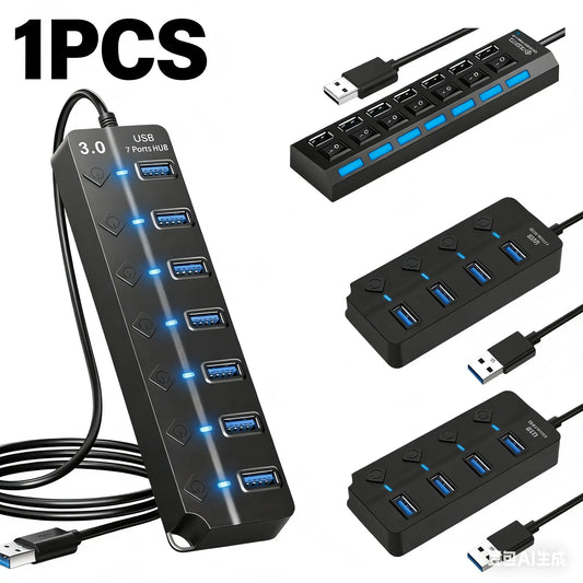 USB 2.0 Hub with 4 or 7 Ports and Individual On/Off Switches, Compact Multi-Port Splitter for Laptops, PCs, and External HDDs with LED Indicators